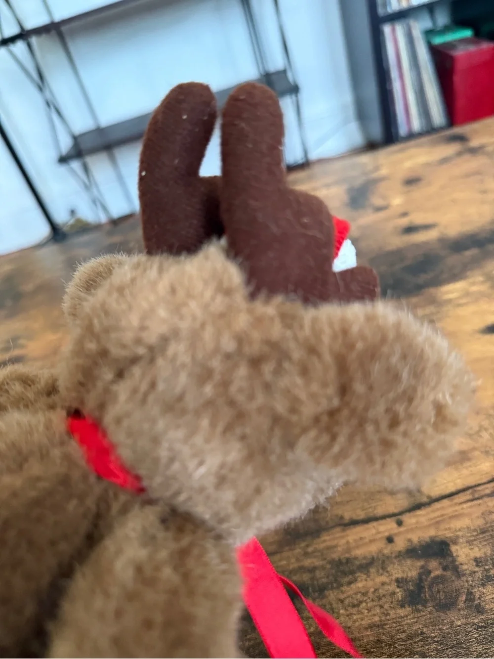 Plush Brown Reindeer Toy with Red Scarf and Santa Hat vintage